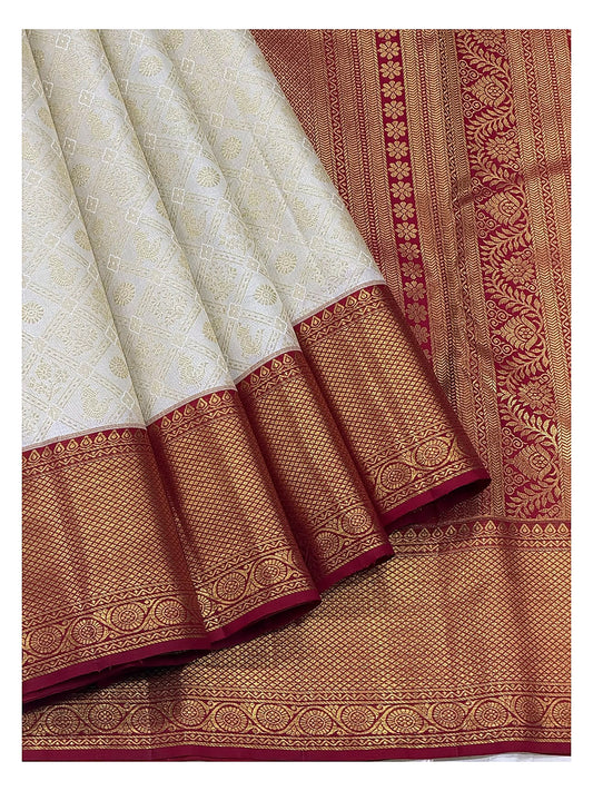 Ivory Handwoven Kanchipuram Silk Saree with Gold Butta Checks and Maroon Zari Border front view