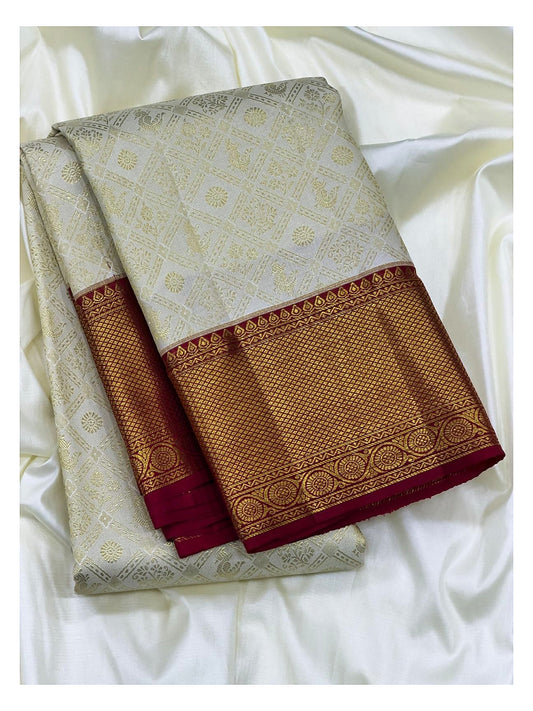Ivory Handwoven Kanchipuram Silk Saree with Gold Butta Checks and Maroon Zari Border