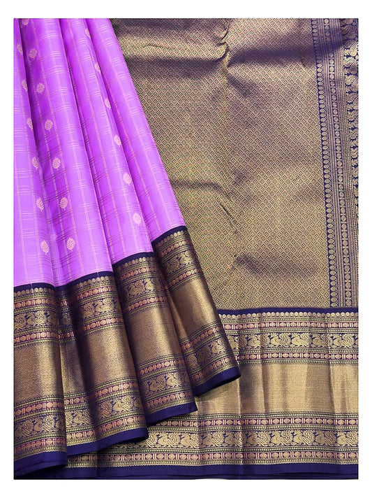 Lavender Purple Pure Silk Saree with Gold Butta Checks and Royal Blue Contrast Pallu front view