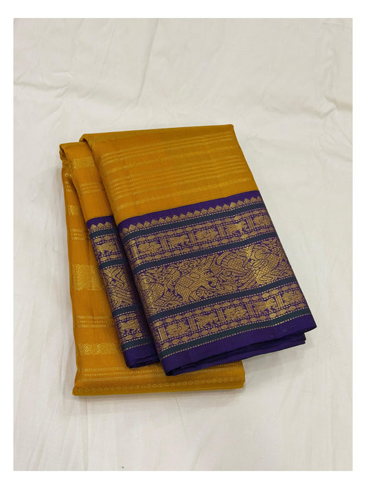 Mustard Yellow and Royal Purple Handwoven Kanchipuram Silk Saree with Elephant Zari Border front view