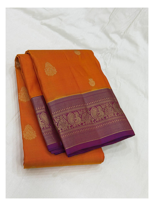 Orange Pure Silk Saree with Purple Peacock Zari Border and Contrast Pallu front view