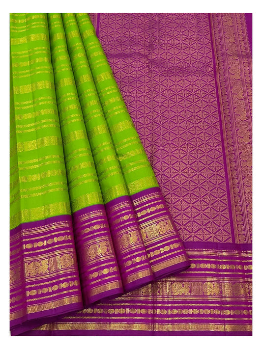 Parrot Green Handwoven Kanchipuram Silk Saree with Magenta Zari Border