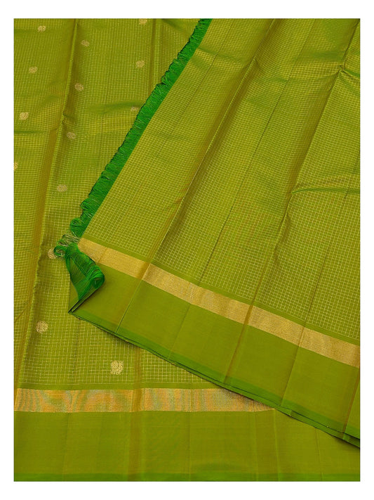 Green saree with fine gold checks, small butta motifs and folded woven border detail