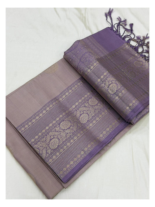Pure Silk Double Warp Saree - Dusty Mauve with Purple Zari Border front view