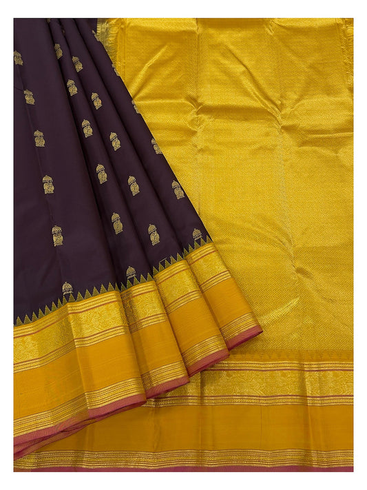 Pure Silk Saree in Deep Plum with Mustard Zari Border