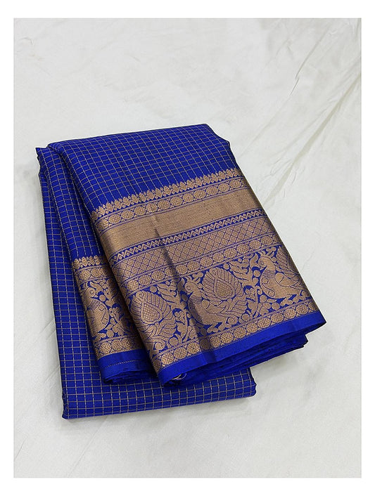 Pure Silk Saree in Royal Blue with Gold Zari Checks and Peacock Border front view