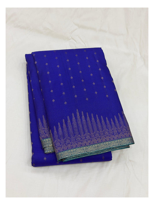 Pure Silk Saree in Royal Blue with Teal Contrast Pallu and Gold Woven Border front view