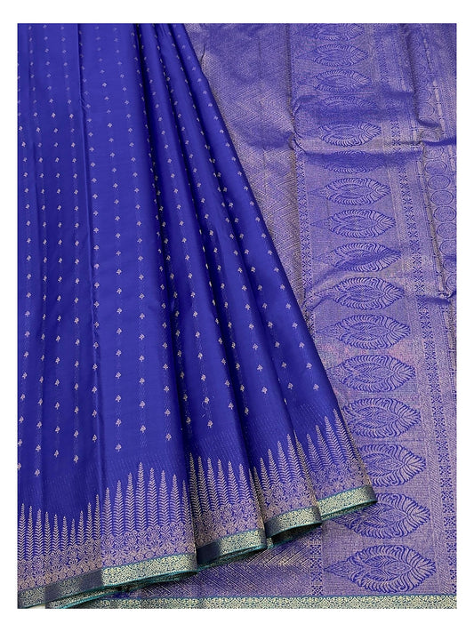 Pure Silk Saree in Royal Blue with Teal Contrast Pallu and Gold Woven Border