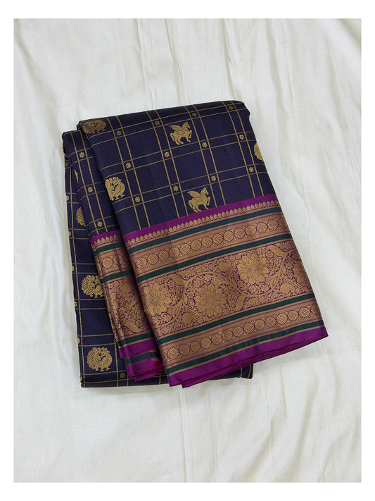 Pure Silk Saree - Navy with Peacock Checks and Magenta Zari Border front view