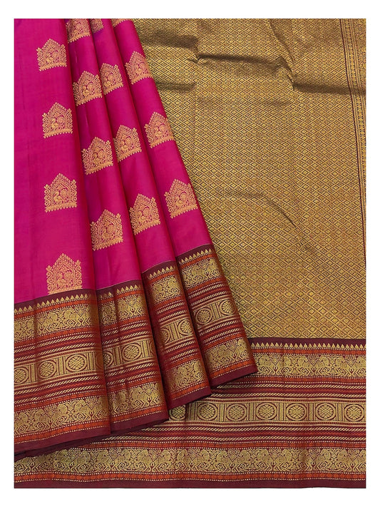 Pure Silk Saree - Rani Pink with Maroon Zari Border