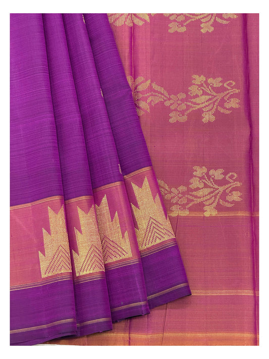 Purple Budget Handwoven Kanchipuram Silk Saree with Rose Temple Border front view