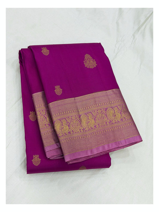 Rani Pink Pure Silk Saree with Gold Zari Border front view