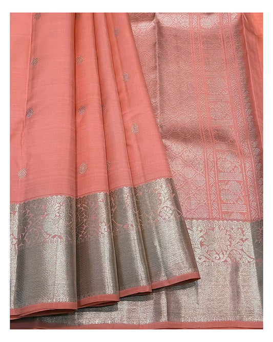Rose Pink Handwoven Kanchipuram Silk Saree with Butta Motifs and Floral Zari Border