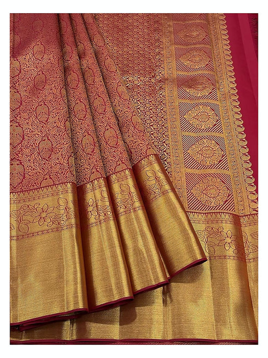 Rose Pink Handwoven Kanchipuram Silk Saree with Gold Floral Weave and Antique Zari Border