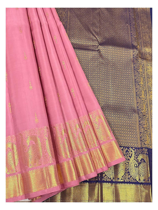 Rose Pink Handwoven Kanchipuram Silk Saree with Peacock Border and Royal Blue Pallu