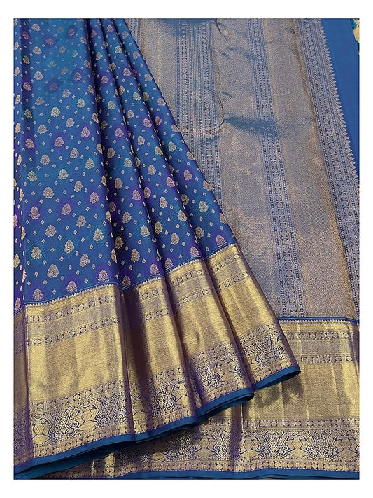 Royal Blue Handwoven Kanchipuram Silk Saree with Gold Butta Motifs and Antique Zari Border front view