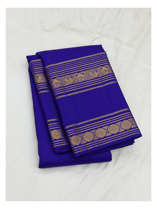 Royal Blue Handwoven Kanchipuram Silk Saree with Gold-Toned Woven Border front view