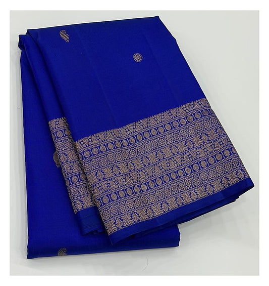Royal Blue Handwoven Kanchipuram Silk Saree with Zari Buttas and Broad Gold Border front view