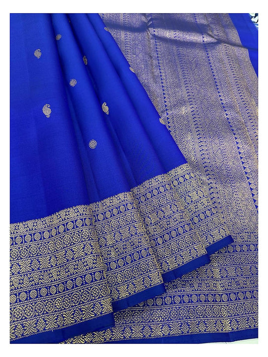 Royal Blue Handwoven Kanchipuram Silk Saree with Zari Buttas and Broad Gold Border
