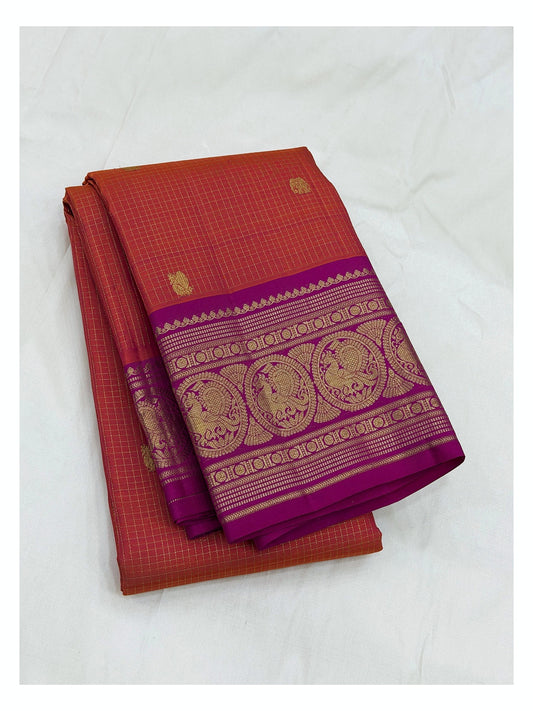 Rust Orange Handwoven Kanchipuram Silk Saree with Magenta Peacock Border front view