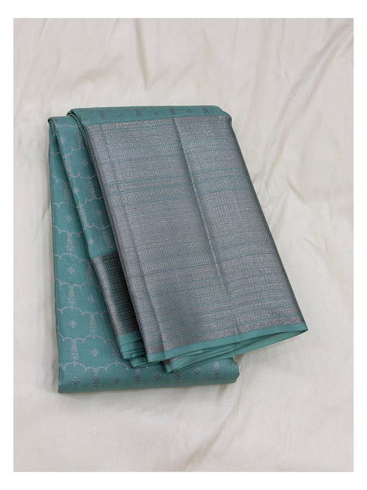 Sea Green Handwoven Kanchipuram Silk Saree with Silver Woven Motifs and Rich Silver Pallu front view