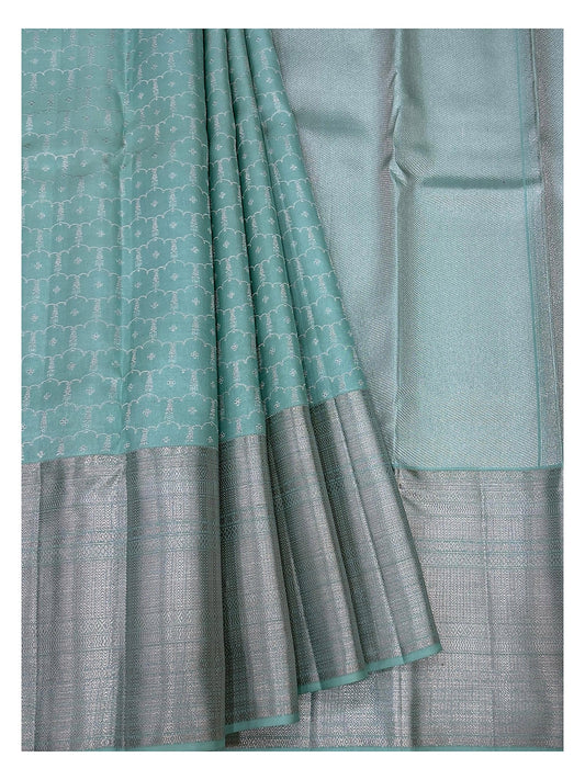 Sea Green Handwoven Kanchipuram Silk Saree with Silver Woven Motifs and Rich Silver Pallu