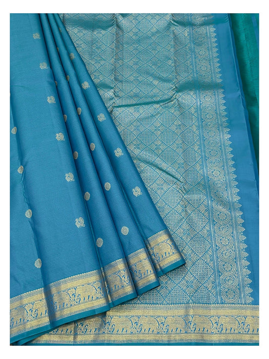 Silk Mark Certified Handwoven Kanchipuram Silk Saree in Turquoise Blue with Elephant Border and Self Pallu