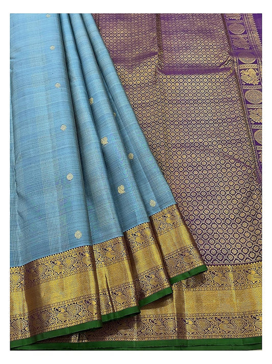 Steel Blue Handwoven Kanchipuram Silk Saree with Purple Pallu and Gold Border