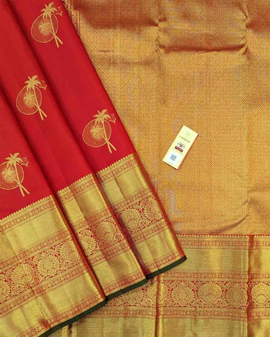 Beach-themed Bright Red Traditional Saree with Floral Zari Border