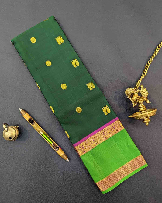 Alluring Kancheepuram Silk Sarees with intricate pallu, adorned with Annam-Chakra Buttas