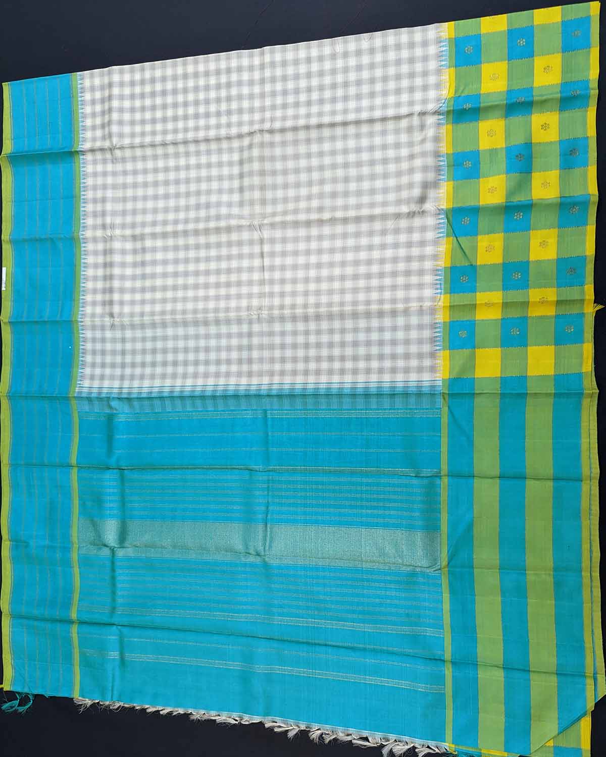 Checked Ethnic Saree with Vivid Yellow and Blue Checked Border Checked Ethnic Saree with Vivid Yellow and Blue Checked Border