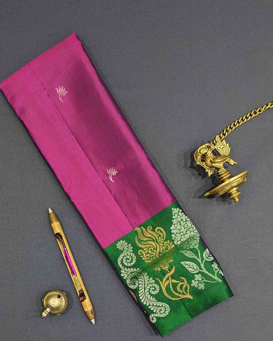 Purple Kanchipuram Soft Silk Saree with Green Border and Leafy Design