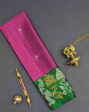Purple Kanchipuram Soft Silk Saree with Green Border and Leafy Design