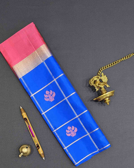 Blue checked Kanchipuram soft silk saree with border