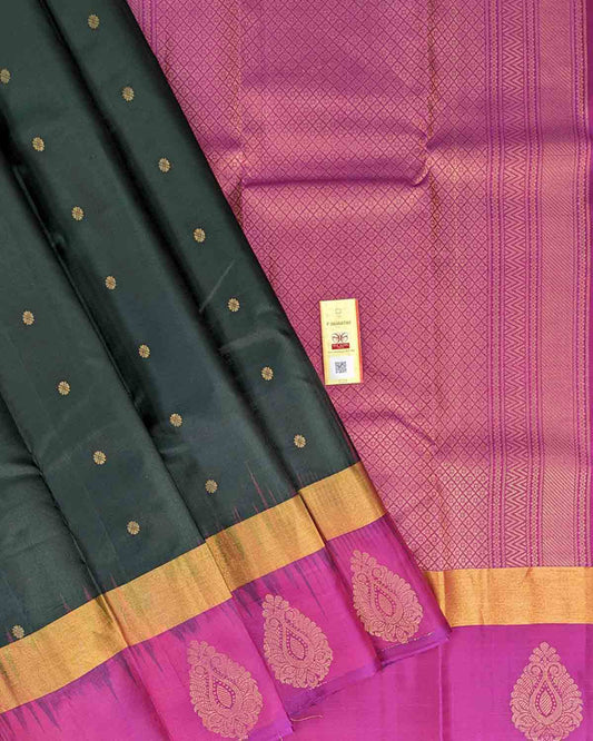 Floral Buttas Kancheepuram Silk Sarees with Purple Contrast Border - Traditional elegance in vibrant colors