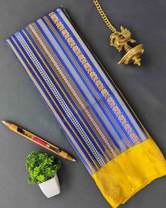 Blue Kanchipuram Soft Silk Saree with intricate details and a vibrant yellow border