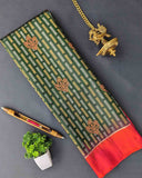 Green Kanchipuram Soft Silk Saree with Multicolor Byzantine Details - a vibrant and elegant traditional attire. Green Kanchipuram Soft Silk Saree with Multicolor Byzantine Details - a vibrant and elegant traditional attire.