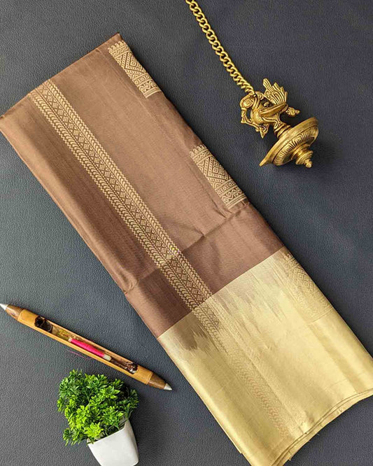 Pastel Brown Kanchipuram Soft Silk Sarees With Detailed Square Buttas