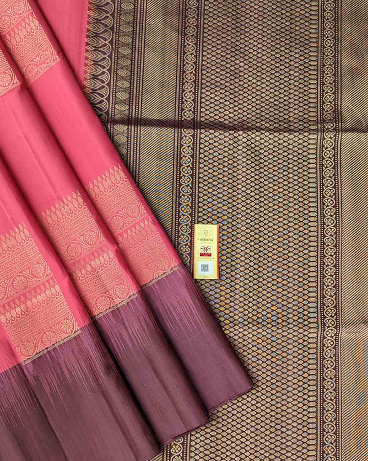 Pink Kanchipuram Silk Saree with square motifs & shiny pallu
