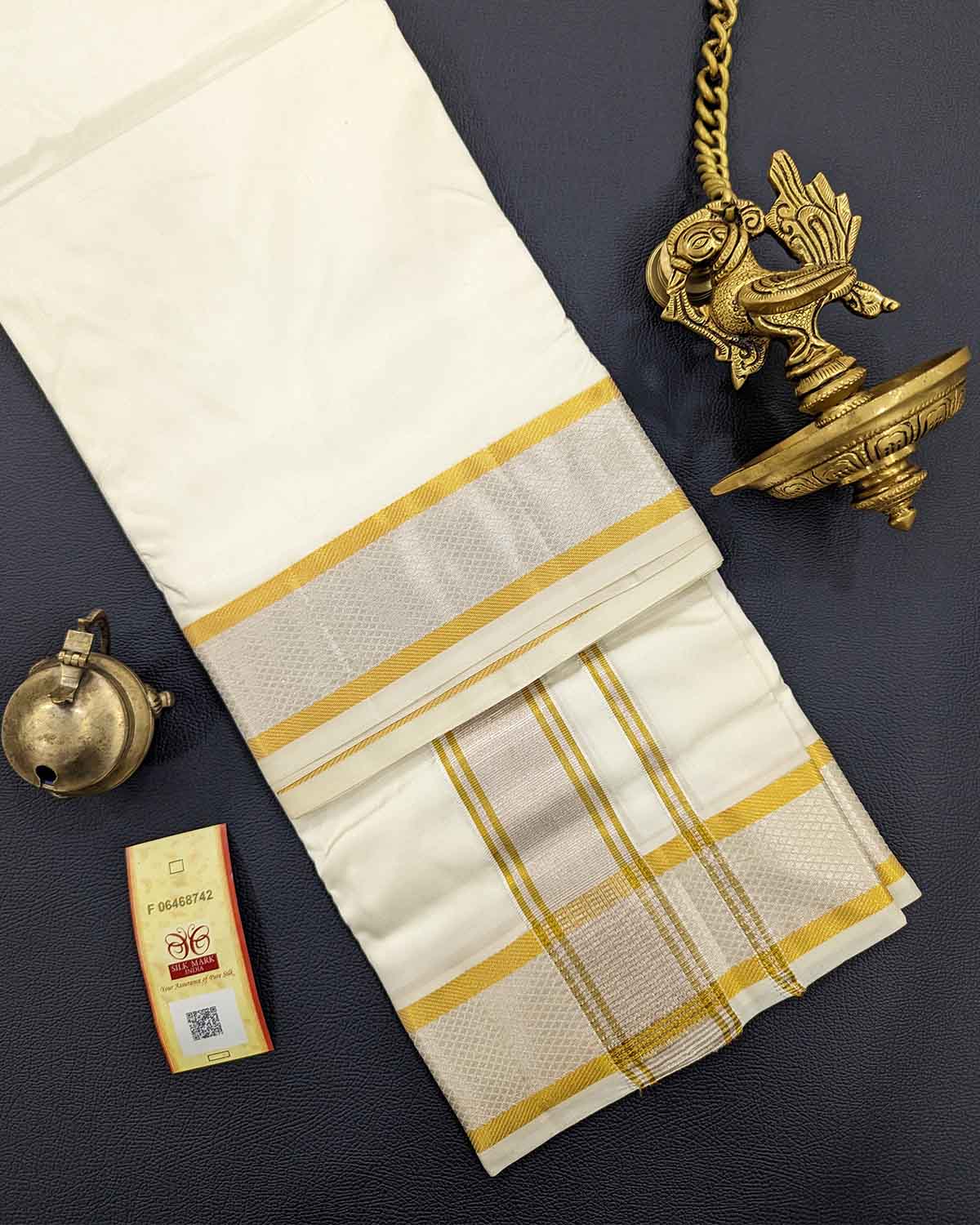 Mens Double Dhoti Ivory with Gold and Silver Jari in Kanchi Silk Mens Double Dhoti Ivory with Gold and Silver Jari in Kanchi Silk
