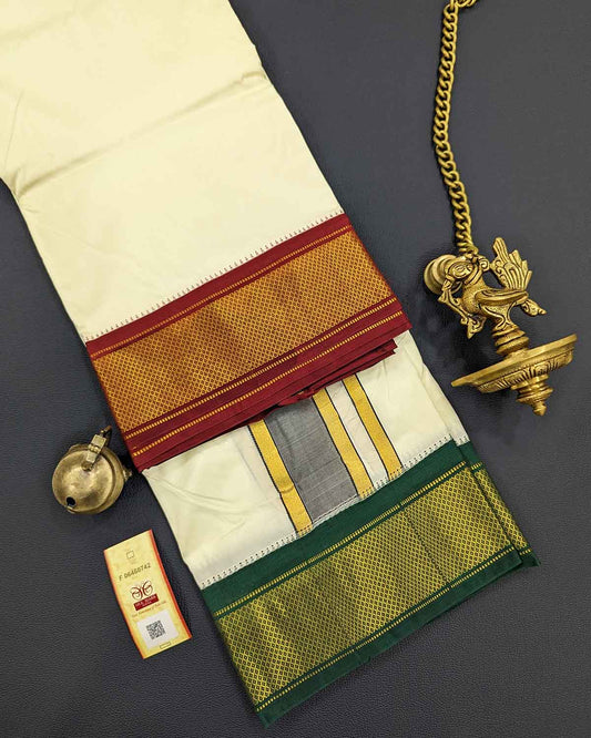 10 Yards Ivory Panchakacham with Thick Border in Kanchi Silk for Men