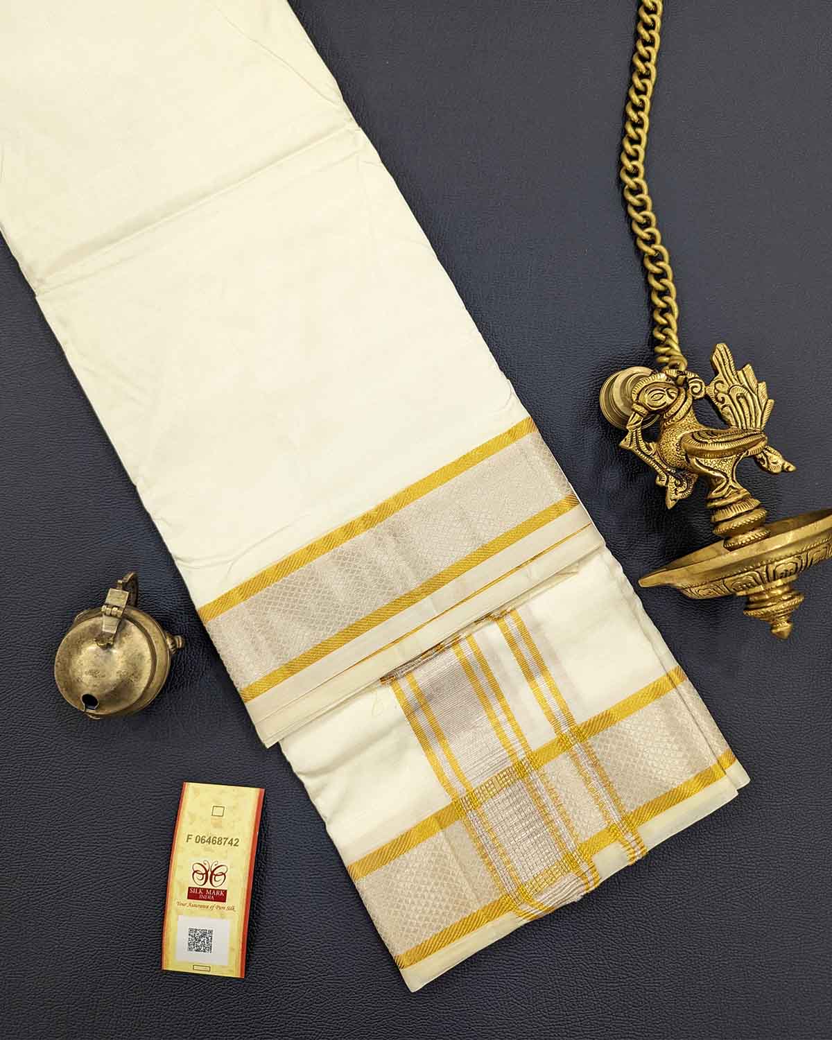 Mens Double Dhoti with Gold and Silver Borders in Kanchipuram Silk Mens Double Dhoti with Gold and Silver Borders in Kanchipuram Silk
