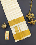 Mens Beige Double Dhoti with Checked Body Gold Jari in Kanchipuram Silk Mens Beige Double Dhoti with Checked Body Gold Jari in Kanchipuram Silk