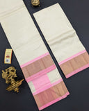 Mens Ivory Double Dhoti with Pink and 1 Gram Gold Border in Pure Kanchi Silk Mens Ivory Double Dhoti with Pink and 1 Gram Gold Border in Pure Kanchi Silk