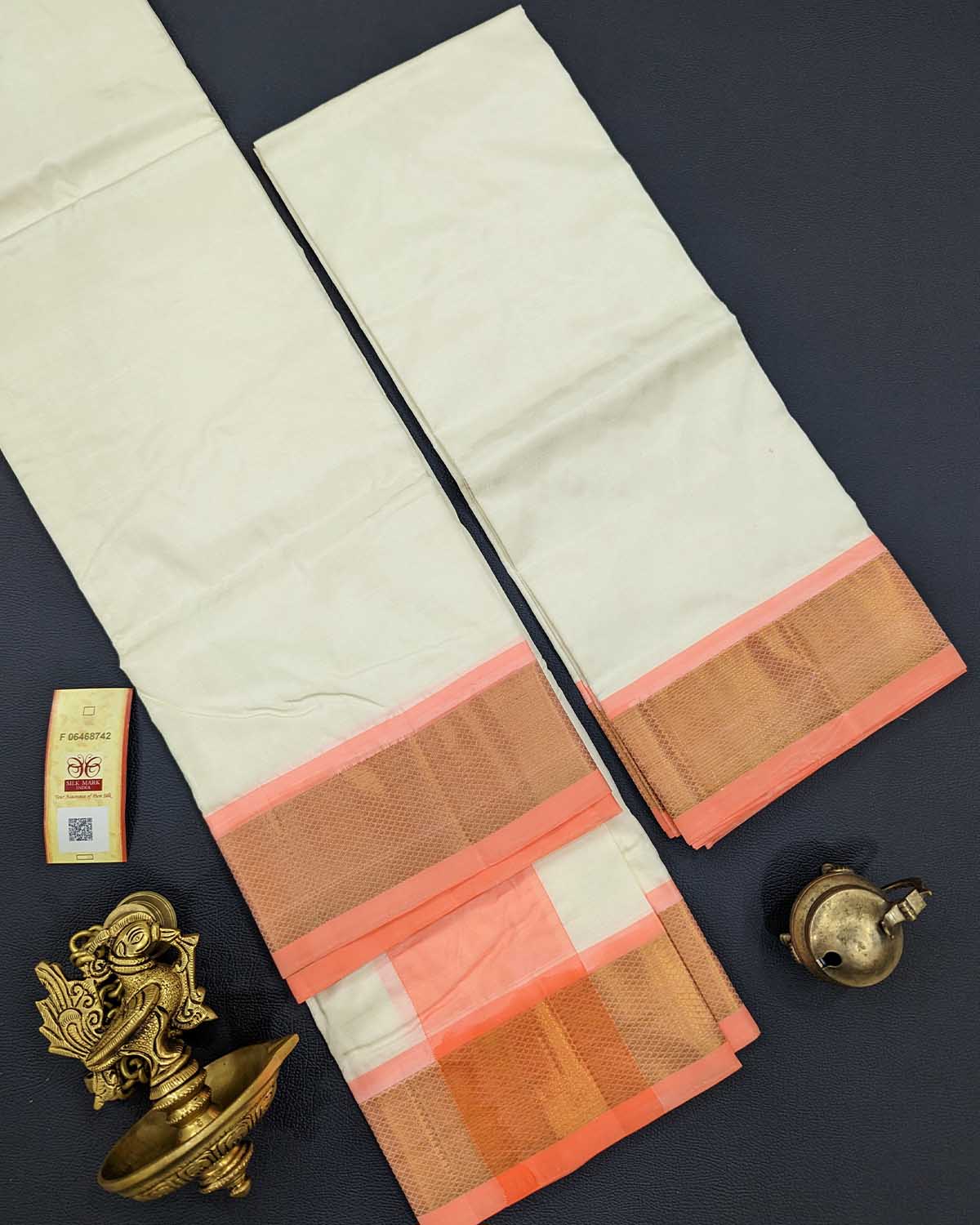 Mens Double Dhoti with Coral and 1 gram Gold Zari in Pure Kanchi Silk Mens Double Dhoti with Coral and 1 gram Gold Zari in Pure Kanchi Silk