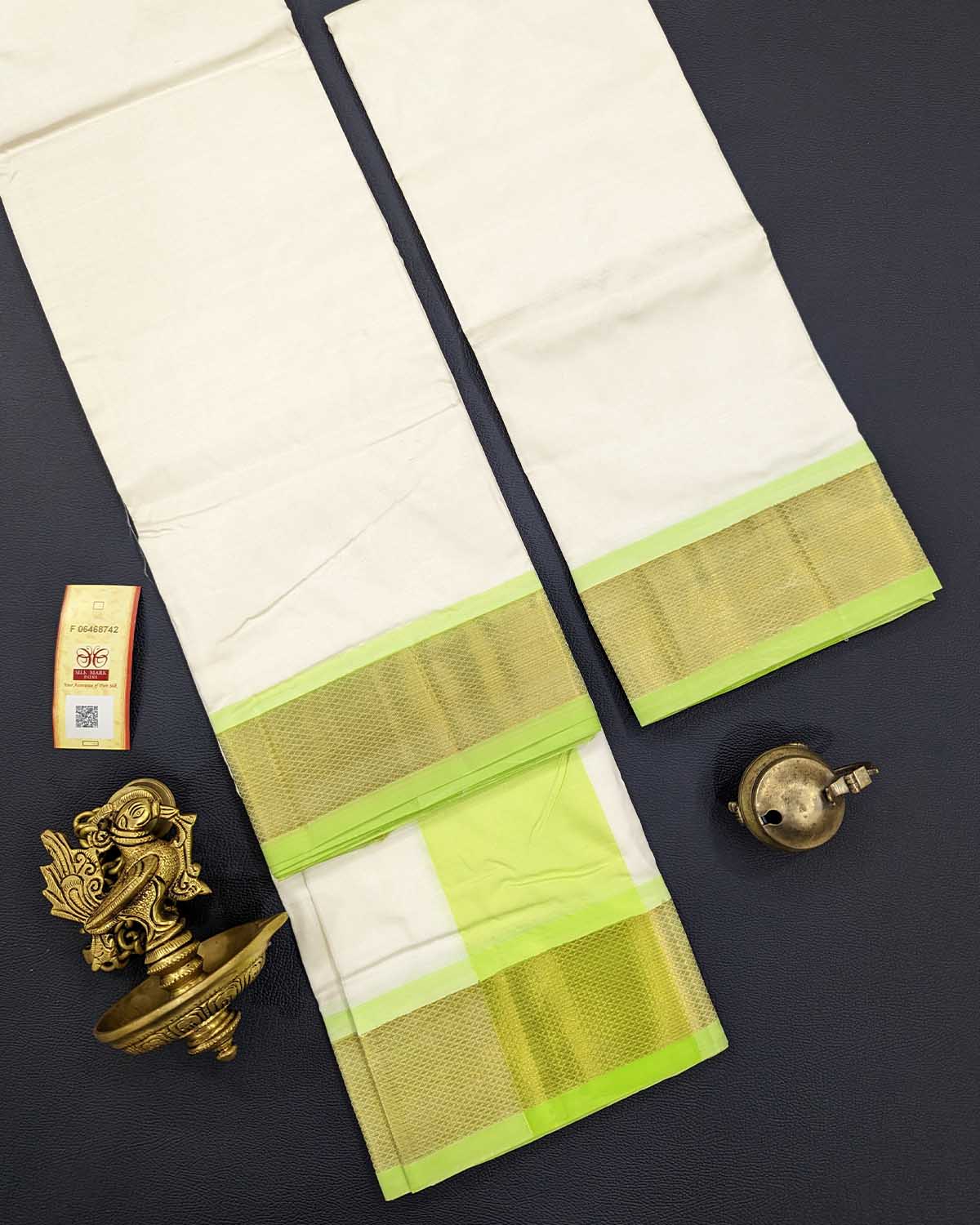 Mens Kanchi Silk Cream Double Dhoti with 1 Gram Gold and Light Green Border Mens Kanchi Silk Cream Double Dhoti with 1 Gram Gold and Light Green Border