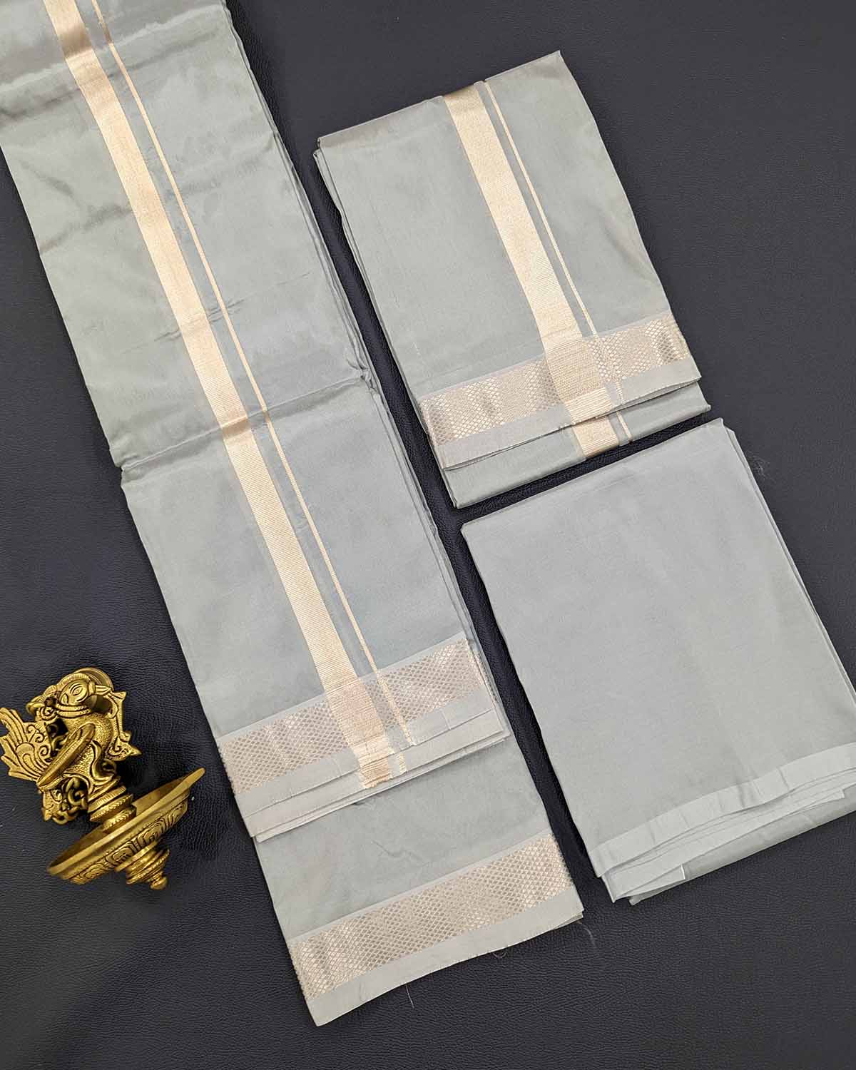 Art Silk Mens Dhoti and Angawastram Rich Grey with Silver Jari Art Silk Mens Dhoti and Angawastram Rich Grey with Silver Jari