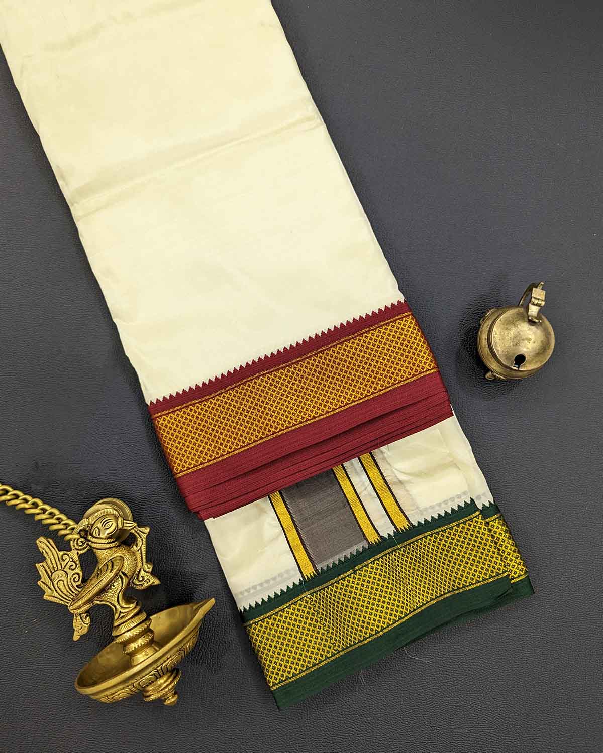 Mens Panchakacham Dhoti Ivory Thick Border in Pure Art Silk Mens Panchakacham Dhoti Ivory Thick Border in Pure Art Silk