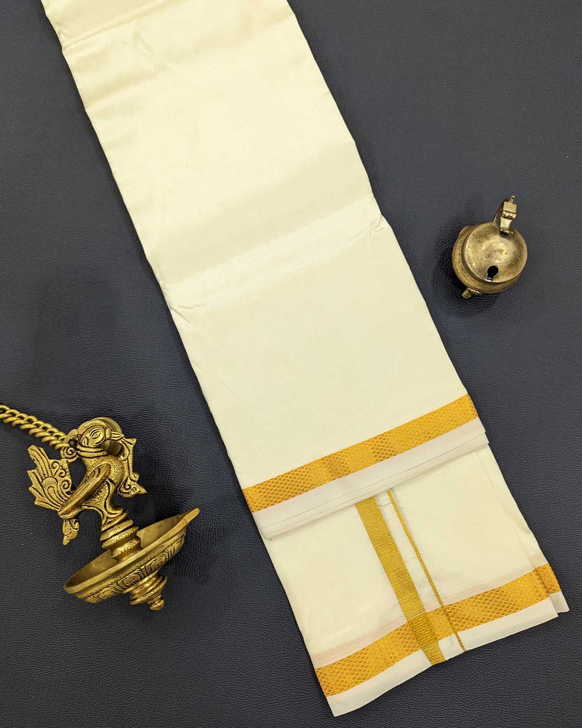 Pure Art Silk Cream Double Dhoti for Men with Gold Border Pure Art Silk Cream Double Dhoti for Men with Gold Border