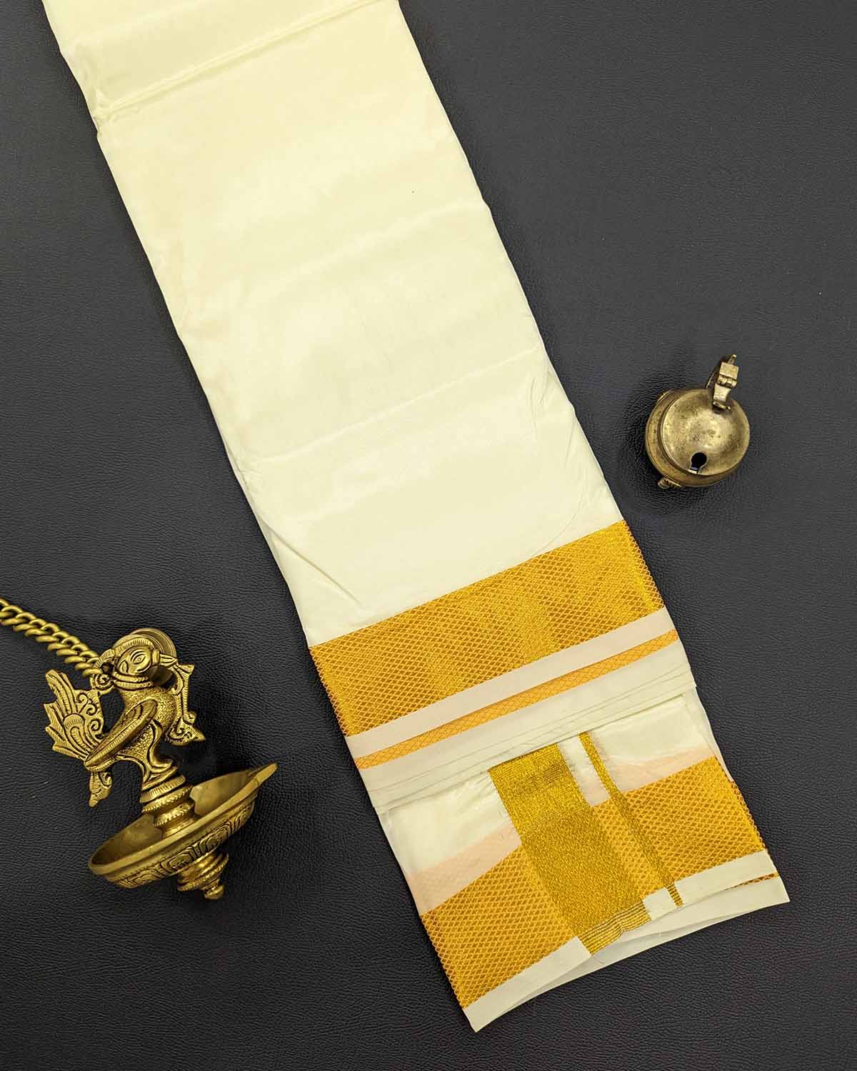 Mens Double Dhoti with Small Diamonds with Gold Jari in Pure Art Silk Mens Double Dhoti with Small Diamonds with Gold Jari in Pure Art Silk